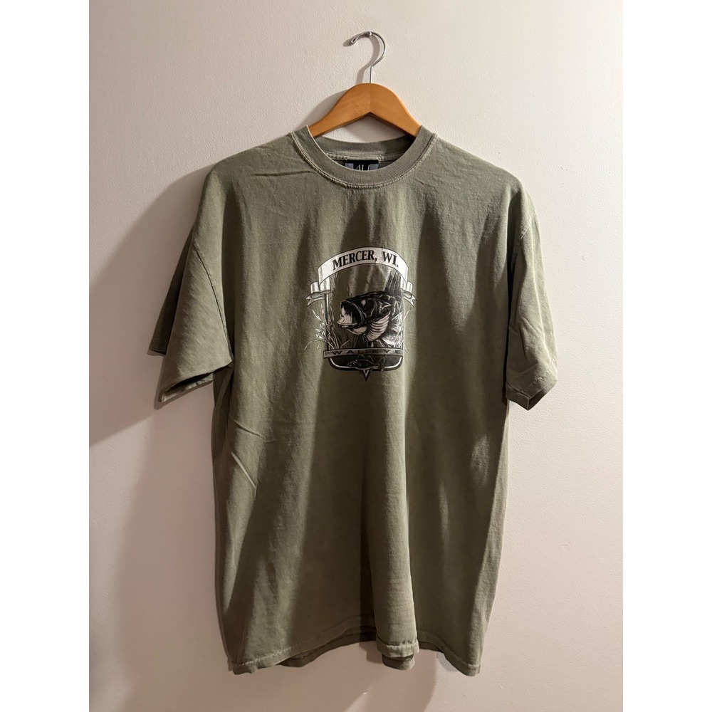 Art Unlimited Sportswear Mercer WI Walleye Fishing Graphic T-Shirt Olive Green L